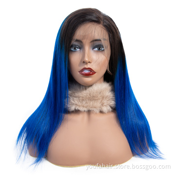 Wholesale Raw Indian Virgin Hair Ombre 1B Blue HD Lace Frontal Wig Women 13X4 Swiss Lace Front Closure Human Hair Wig Straight